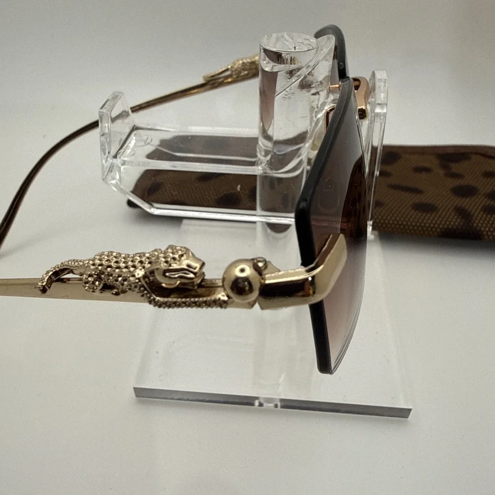 Rimless square sunglasses w/gold frame leopard/jaguar figurine & travel case HOT
